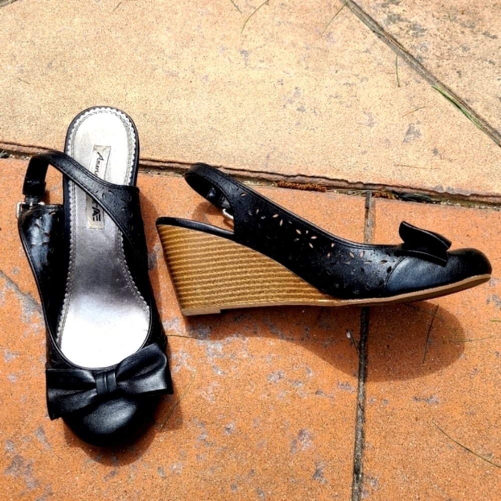 *2 for $30* Black Faux Leather Eyelet Bow Wedge Heels